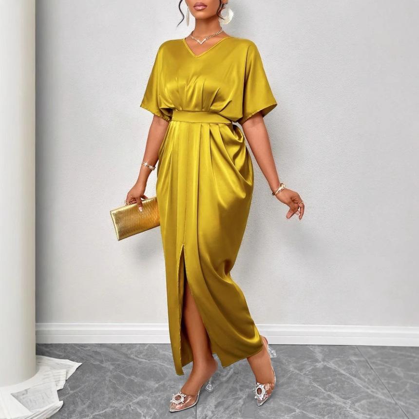 Spot 25 Summer New European and American Women's Clothing, Solid Color Satin V-neck Short-sleeved Waist Slit Dress