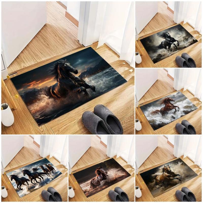 Running Black Horse Print Doormat, Animal Themed Non‑Slip Floor Mat for Entrance Hallway Home Decor