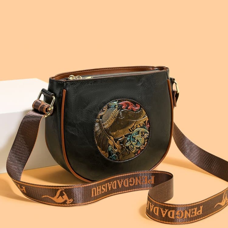 Винтажная тисненая мягкая кожаная сумка-седло женская наплечная сумка-мессенджер чёрный