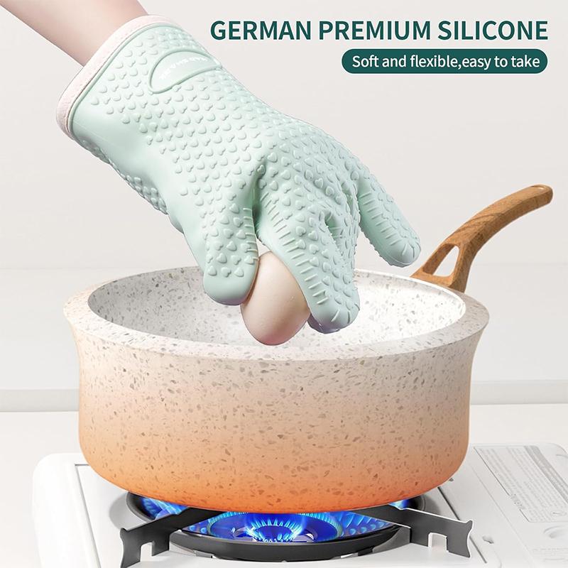 2PCS Silicone Oven Mitts Heat Resistant 450 Degrees Oven Glove Non-Slip Oven Gloves with Fingers Cotton Lined Kitchen Mitts