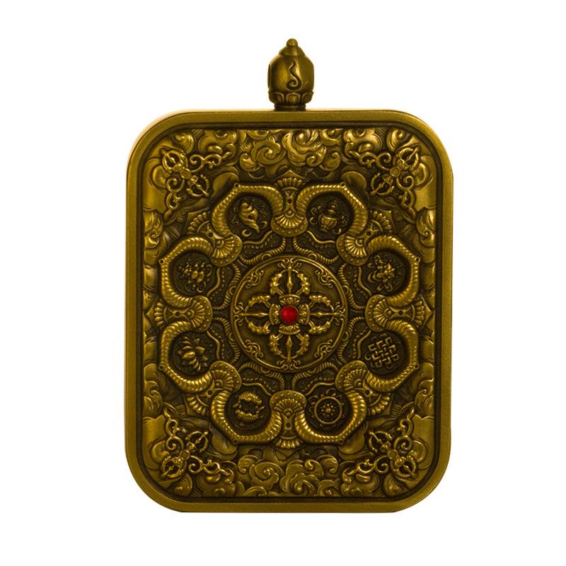 Authentic Sterling Silver & Brass Eight Auspicious Symbols Pendant Thangka Ga u Box with Exquisite Relief from Nepal