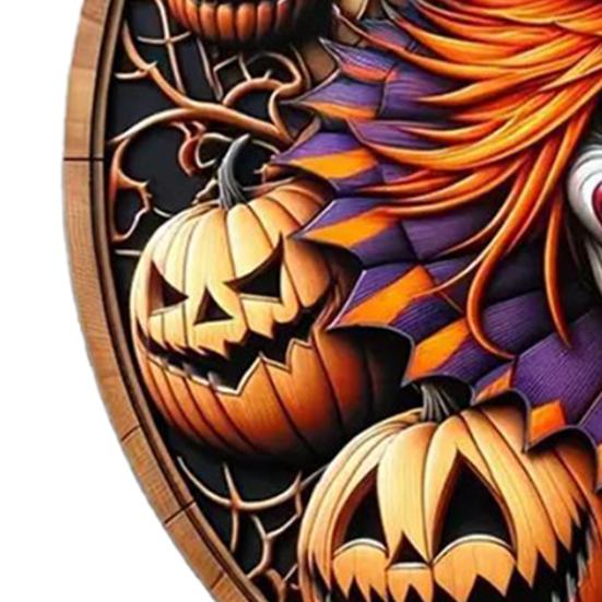 Thanksgiving Yard Display Halloween Wooden Sign,Round Hanging Pendant with Lanyard, Retro Distressed Holiday Home Ornament Wood Skeleton/Pumpkin/Clown