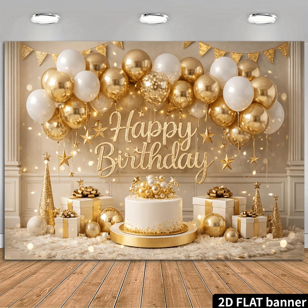 2D planar birthday party banner background - Platinum gold theme birthday with gold and white balloons.PMJ