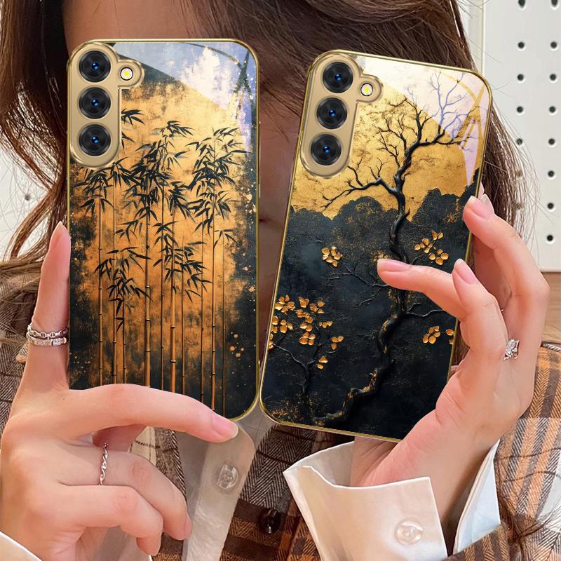 Golden Flower Branch For Samsung Galaxy S20 FE S21 S22 S23 Plus S24 Ultra 25Ultra S21+ S9+ S22Plus Golden Glass Phone Case