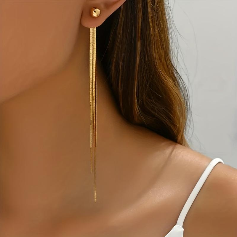 A Pair of Elegant Simple Snake Bone Tassel Long Earrings | 18K Golden Plated, Zinc Alloy, Suitable for Daily and Gift-giving Occasions, All Seasons