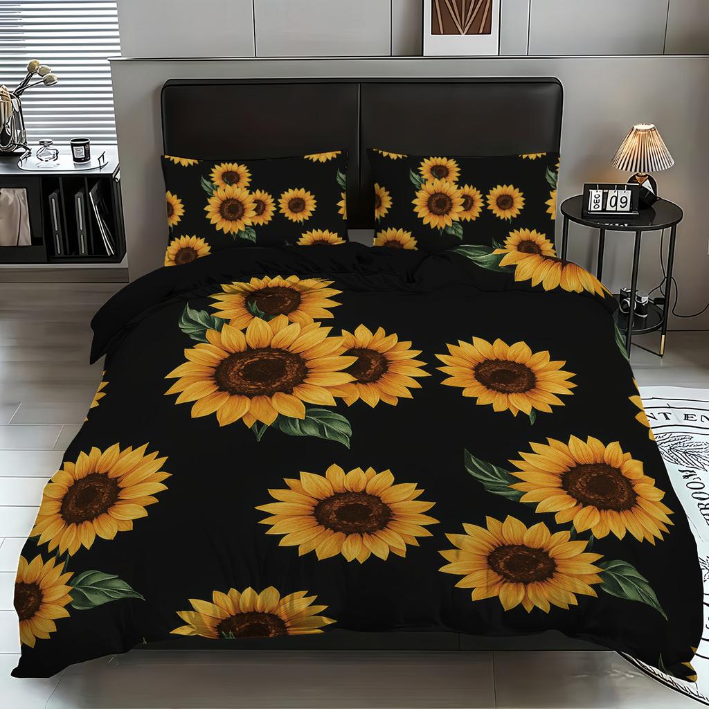 Dreiteilige Sonnenblumen-Bettwäsche mit Sandfinish, Blumendeckenbezug, Digitaldruck-Bettwäscheset