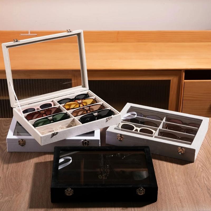 Open Glasses Storage Tray with 8 Separate Compartments, Single-Level Fabric-Covered Layout for Visible Eyewear Storage