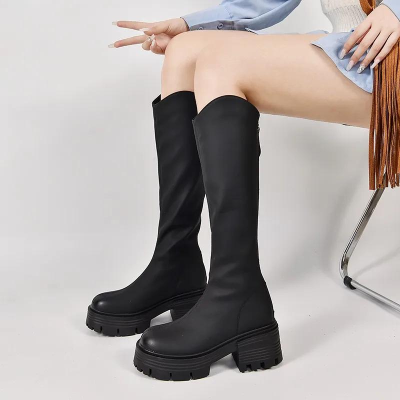 2024 Hot Sale Ladies Shoes Zipper Women's Boots Autumn Round Toe Solid Knee-High Platform Mid Heel Water Proof Fashion Boots