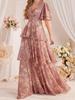 Women's Fashion V-neck Puff Sleeve Long Dress - Multi-layer Print Evening Party Gown