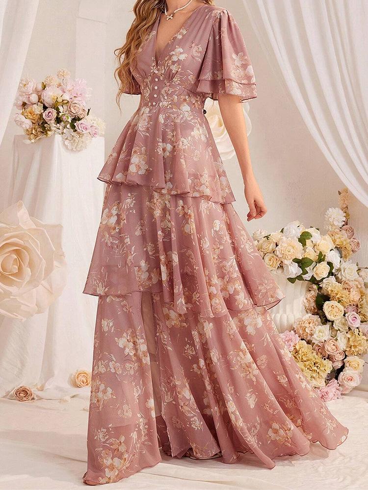Women's Fashion V-neck Puff Sleeve Long Dress - Multi-layer Print Evening Party Gown