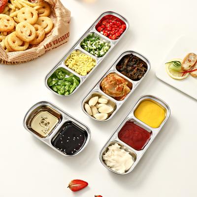  304 Stainless Steel Divided Seasoning Dish 2/3/4 Compartments Reusable Barbecue Dipping Sauce Plate  Kitchen Tableware