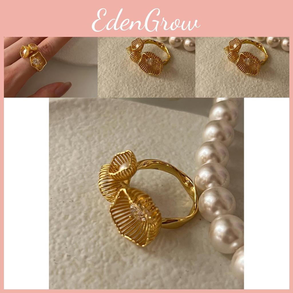 Stylish Retro Woven Pearl And Zircon Flower Ring For Women With Adjustable Size