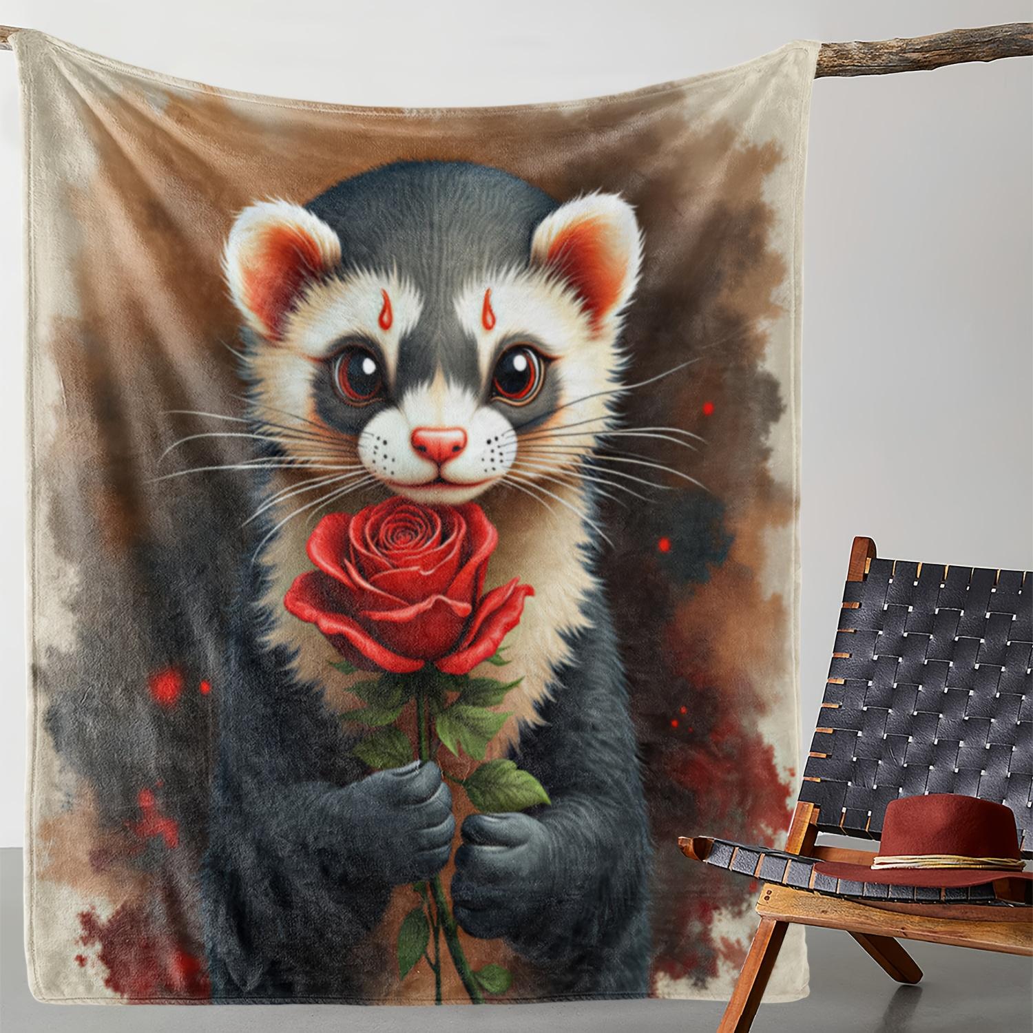 

1pc Flannel Blanket with Cute Ferret Holding Rose Print, Warm and Soft Polyester Fabric, Suitable for Sofa, Bed, Car, Offic 130x150cm