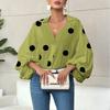 Women's  Casual French Polka Dot Half Open Neck Loose Bubble Long Sleeve Top
