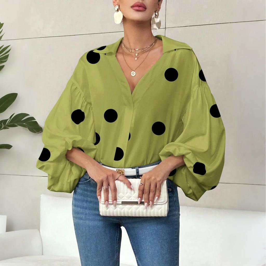 Women's  Casual French Polka Dot Half Open Neck Loose Bubble Long Sleeve Top
