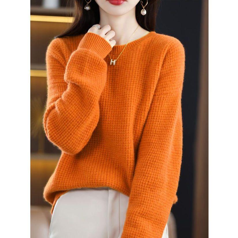 

Autumn and Winter Women s Round Neck Sweater Pullover Loose and Versatile Solid Color Sweater Knitted Base Sweater S помаранчевий
