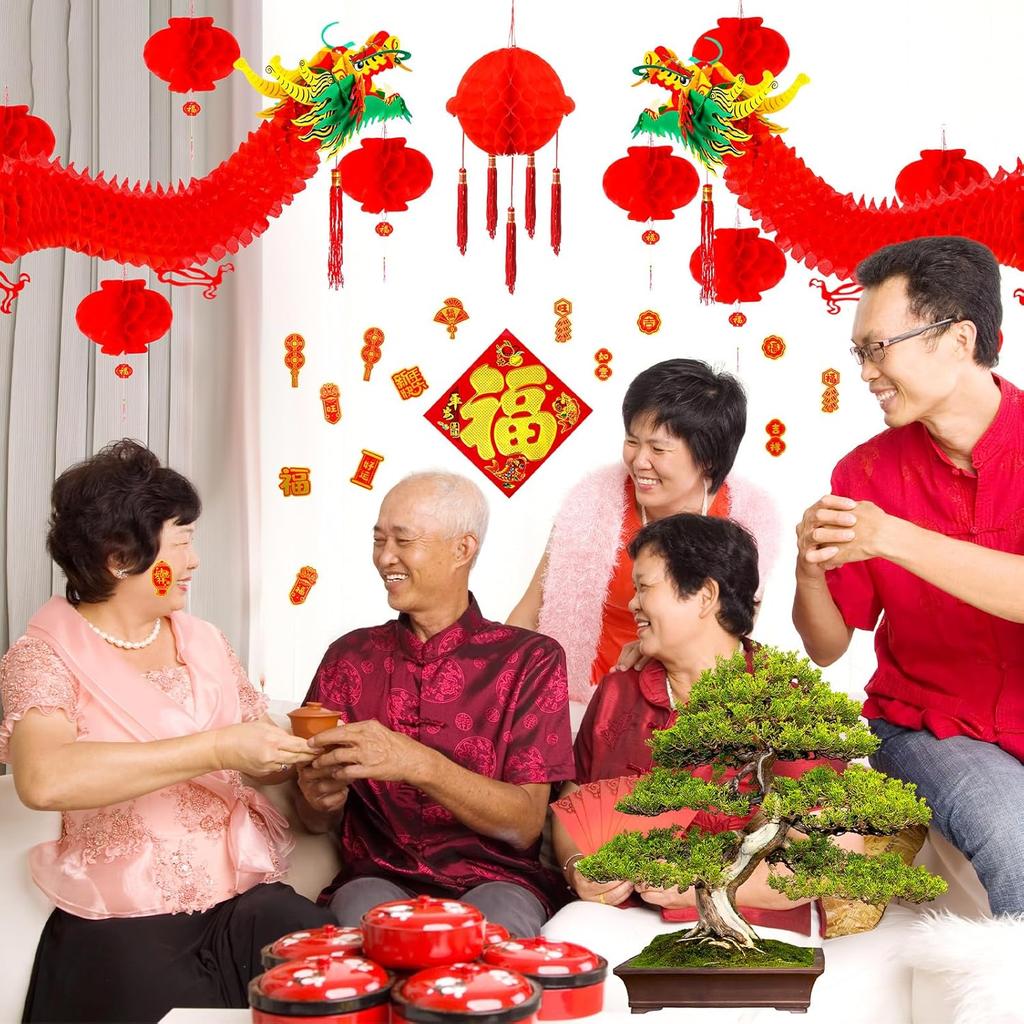 47 Pcs 2025 Chinese New Year Decoration 3D Chinese New Year Dragon with Dragon Beads Paper Red Lanterns Envelopes Hong Bao Lunar New Year Hanging