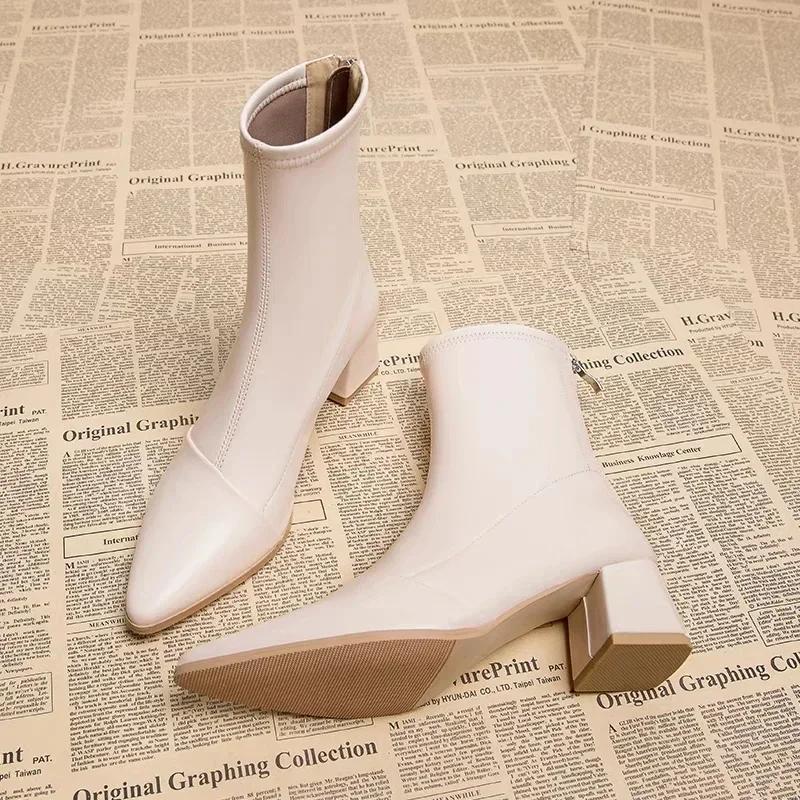 New Spring Sexy Chelsea Boots Pointed Tip Thick Heel Back Zipper Middle Follow Women Shoes Microfiber Leisure Comfortable Smooth