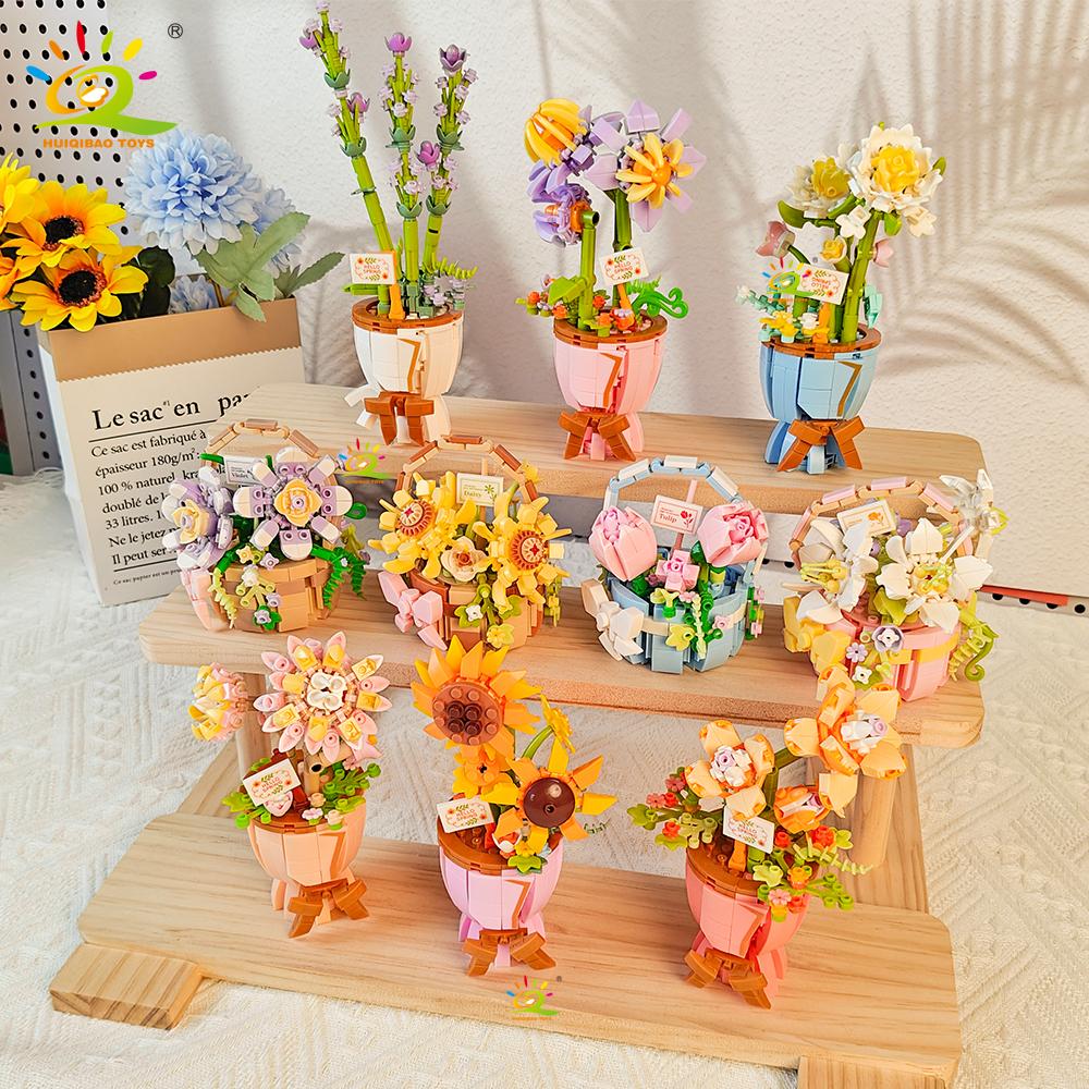 HUIQIBAO MOC Flower Model Micro Building Block DIY Eternal Bouquet Home Desk Desk Plant Decoration Brick Girl Gift Children Toy