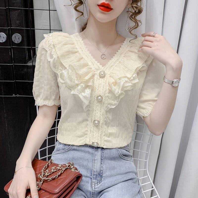 Female Summer Solid Colour Casual Short-sleeved T-shirt Fashion Lace Ruffle Top Temperament Sweet Chiffon V-neck Shirt