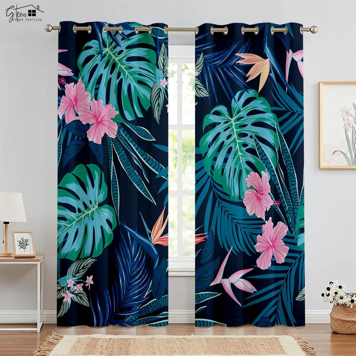 

Nordic Ins Style Свежие и простые зеленые шторы для растений Юго-Восточная Азия Тропический лес Отель Homestay Живой фон занавес W50xH130(CM)x2PCS&Rod pocket