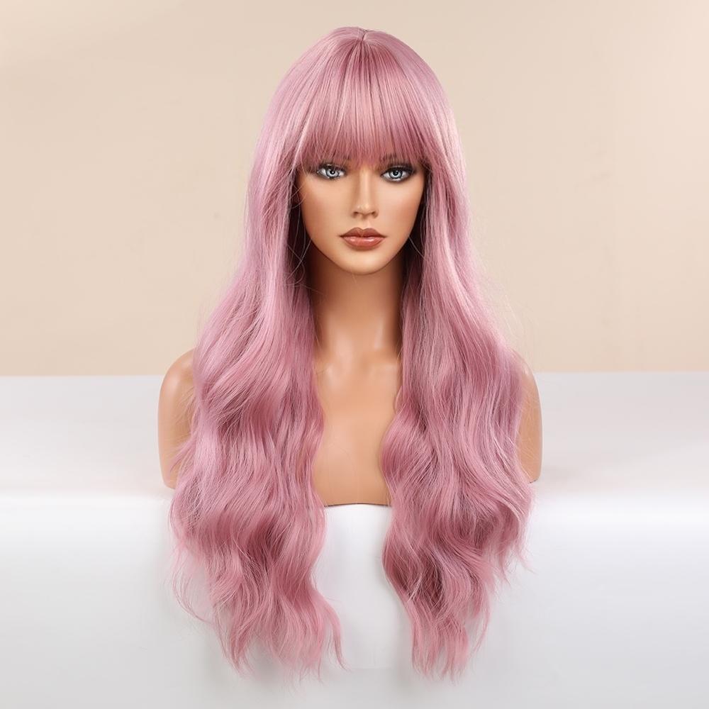 BLONDE UNICORN 24 Inch Pink Long Wavy Curly Hair With Bangs Elegant and Fashionable Synthetic Wig For Ladies