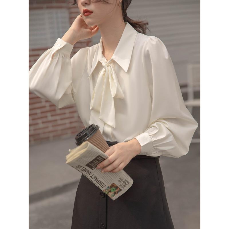 Comfortable and Versatile Lantern Sleeve Temperament Fall and Winter Bow Shirt White Blouse Female Long Sleeve Tie Design Sense Occupational Tops