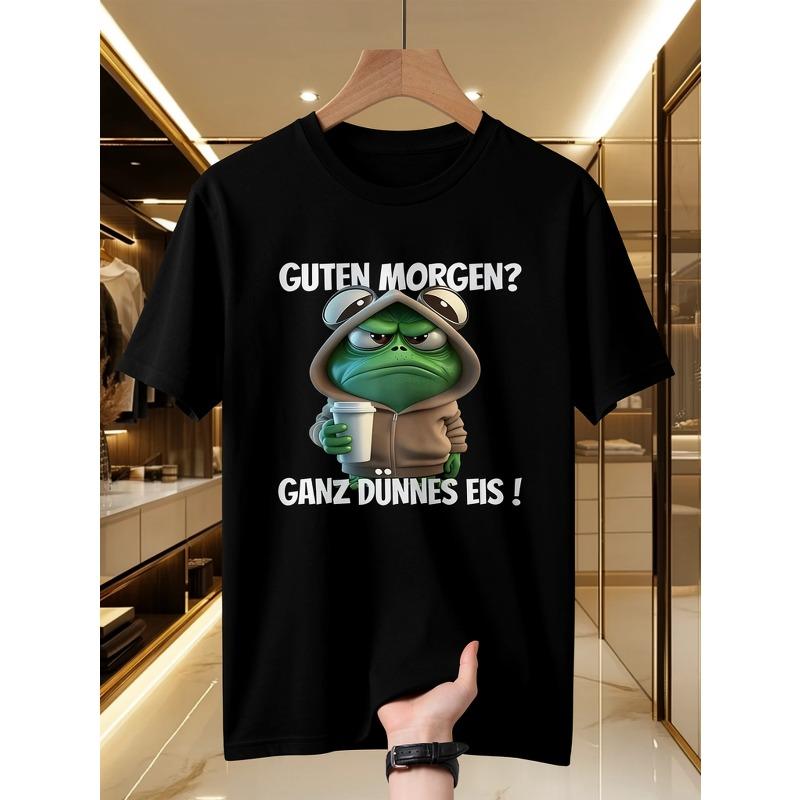 Men'S Funny Frog Coffee T-Shirt - Humorous Frog And Coffee Bean Print, Neck Short Sleeve Summer Casual Tee Suitable for Casual Attire