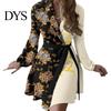 Slim Waist Dress Spring Fall Lady Women with Lace-up Tie Lapel V Neck Colorblock A-line Color Matching Coat Style Long Sleeves Commuting Business Mini