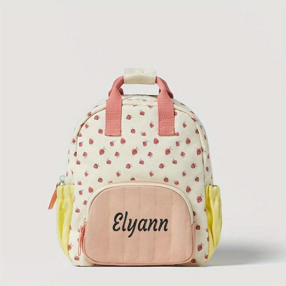 Personalized Cute Trendy Backpack with Embroidered Name Dopamine-Boosting Strawberry Design Mixed Color Hand Washable School Bag