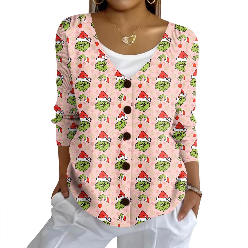 Women's Fashion Casual Knit Sweater Button-Up Christmas Print Cardigan Jacket