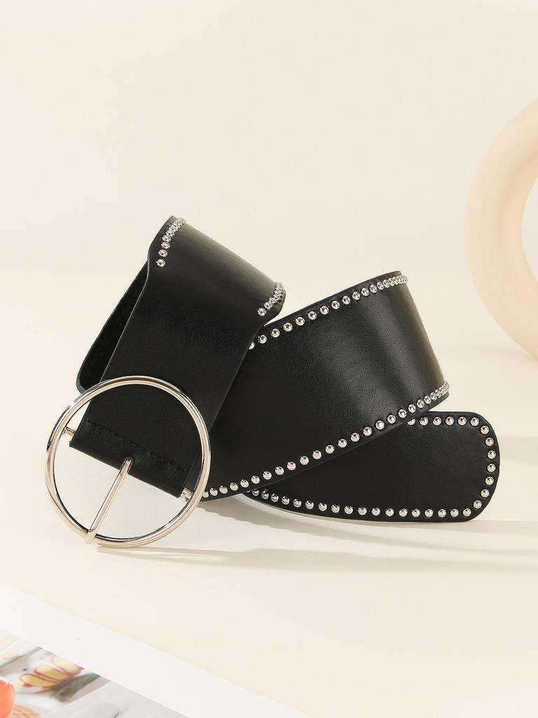 Faux Leather Belt With Rivet Decor And Metal Pin Closure For Trendy Outfits