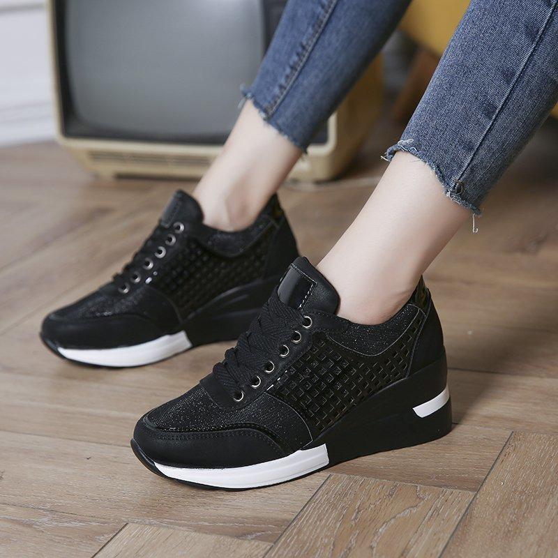 New trendy large size wedge heel mesh sneakers women's cross lace-up casual single shoes women