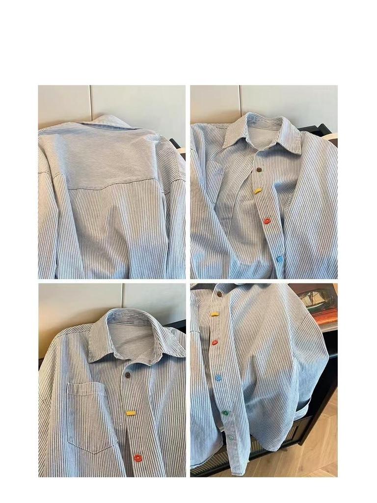 Retro Colorblock Denim Gestreiftes Oversized Polokragenhemd - Langarm, Bunte Knöpfe