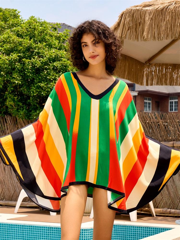 EDOLYNSA 2024 Multicolor Printed Large V Neck Batwing Sleeve Beach Mini Dress Loose Striped Summer Women Vacation Pool Party Swimsuit Cover Up