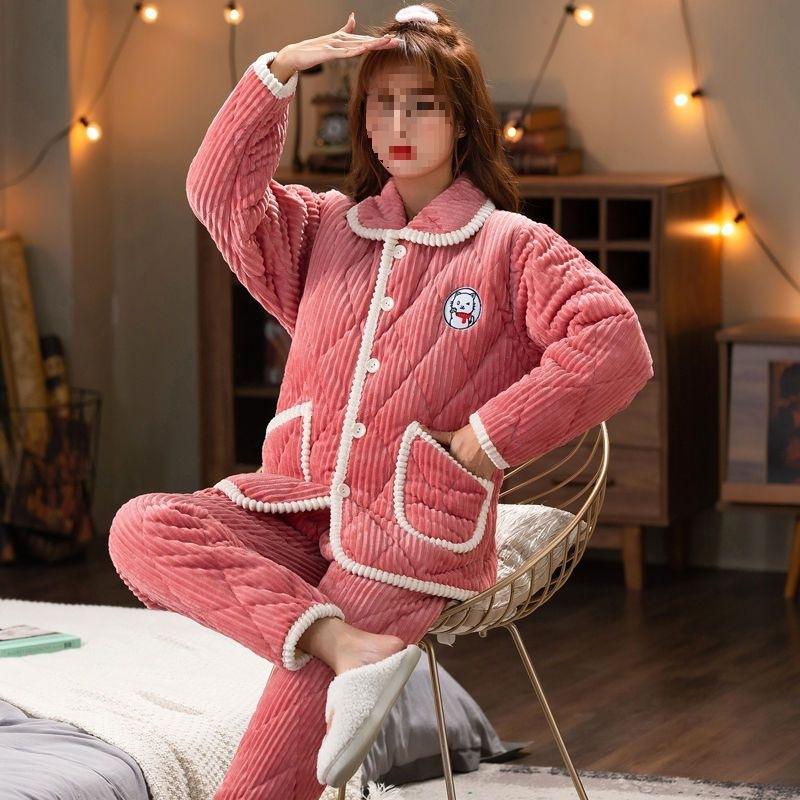 Gepolsterte Baumwolle zum Warmhalten, verdickte dreilagige Loungewear, süße Pyjamas für Damen, können im Winter und in den Übergangsgrößen auch draußen getragen werden