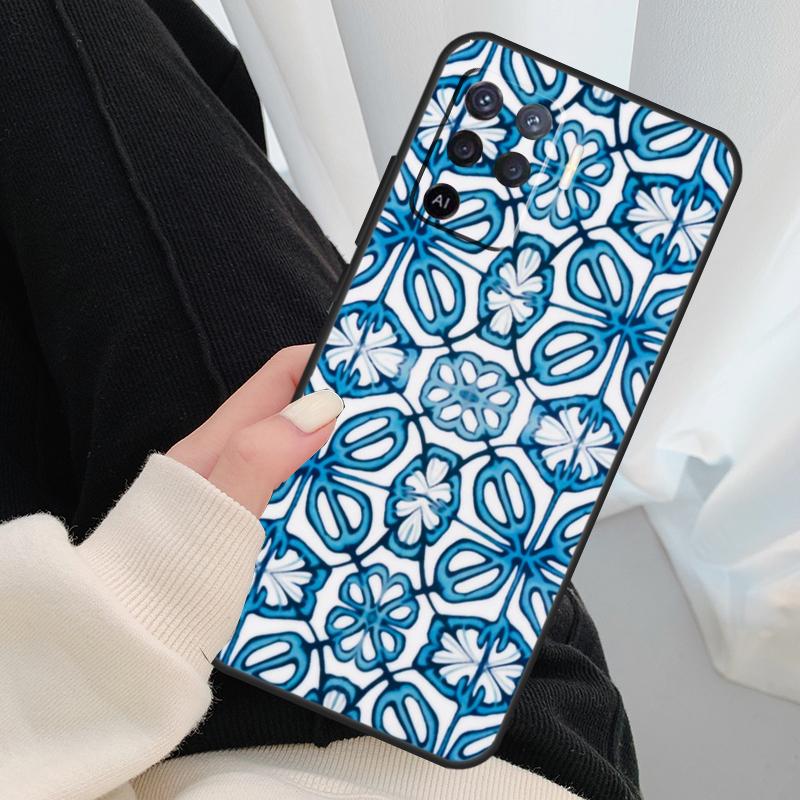 Square Turkish Flower Tiles Case For Oppo A17 A57 A77 A40 A78 A54 A74 A94 A76 A16 A96 A18 A60 A80 A38 A58 A98 A15 A5 Pro