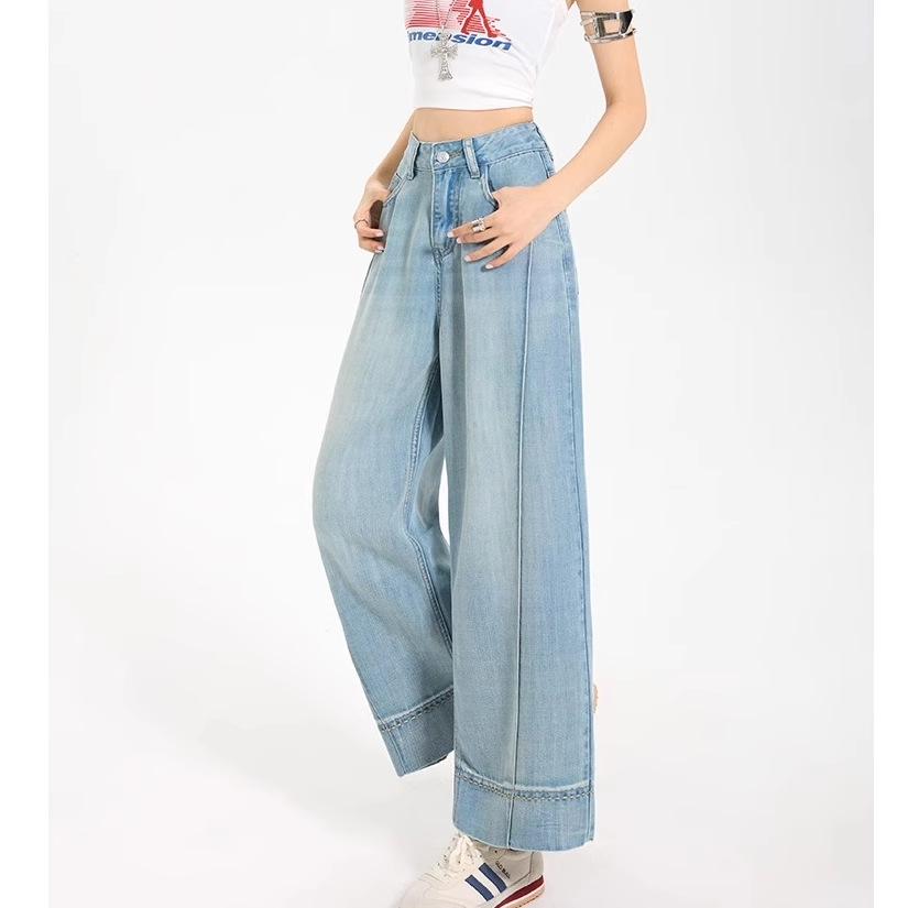 Women's Light Blue Tencel Wide-Leg Cropped Jeans, Summer Thin, Plus Size & Petite, High Waist, Drapey Style