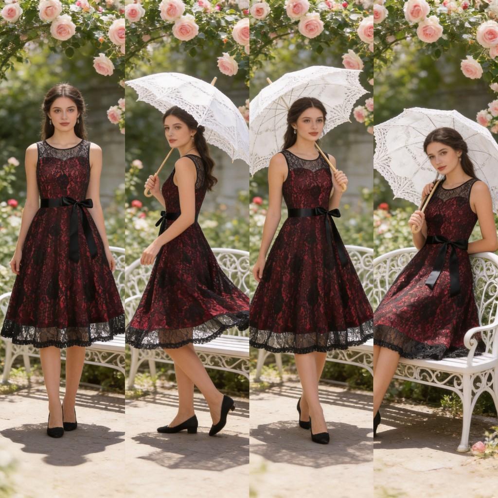 Vintage 50s Lace Cocktail Dress With Floral Pattern For Halloween Party Wear