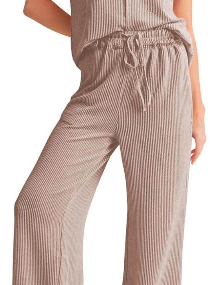 Women's Casual Lounge Set Short Sleeve Top & Wide Leg Pants with Drawstring Waist In 6 Colors