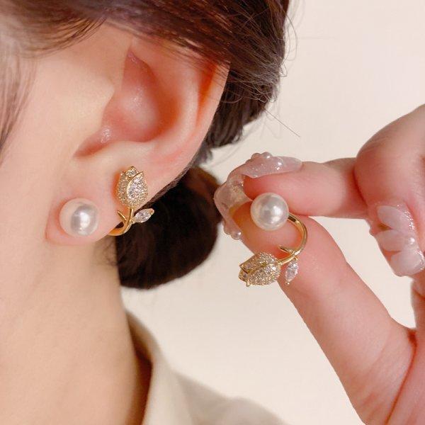 Korean Light Luxury Pink Tulip Imitation Pearl Stud Earrings For Women Two Ways To Wear Ear Studs for Girls Daily Party Jewelry