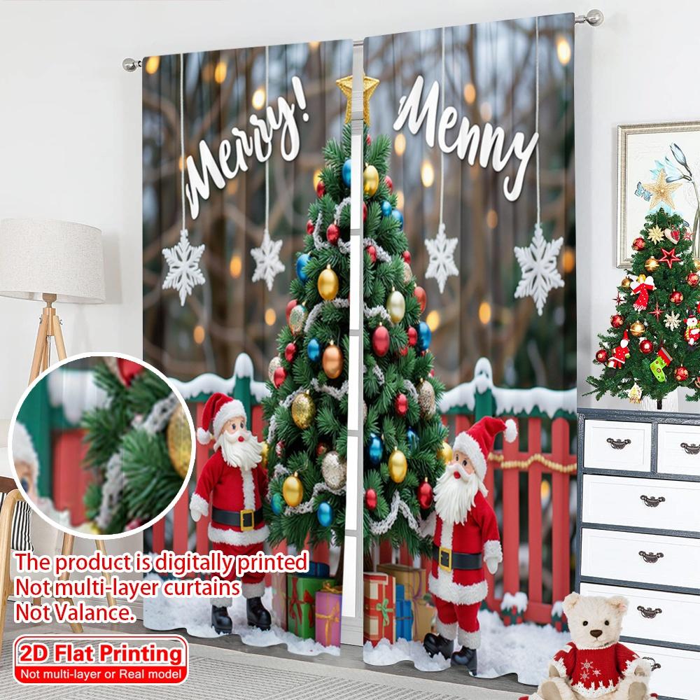 2pcs 2D Flat Printing Merry Christmas Popular Curtains Merry Christmas Santa Tree 100% Polyester Without Electricity 0 Use for