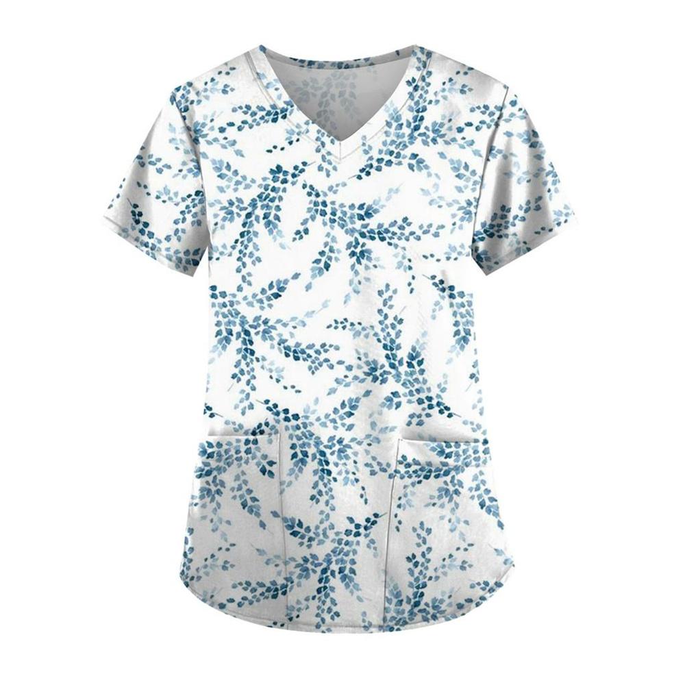 Scrub Medical Woman Floral Print Vet Nursing Tops Fashion V-Neck Short Sleeve Patch Pocket Health Care Clinical Uniform Woman