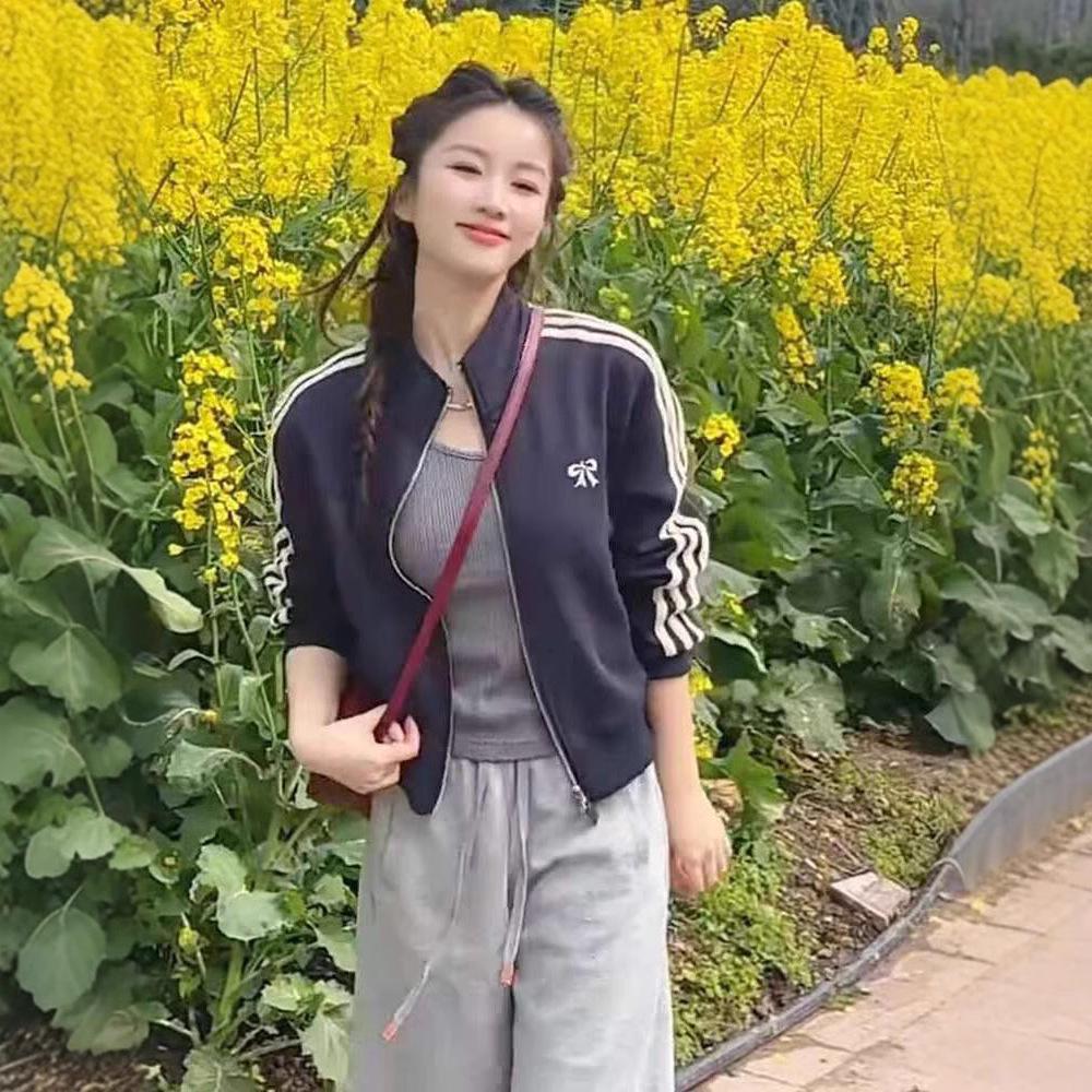 

Women s Bow Embroidered Stand-Up Collar Long Sleeve Sweatshirt - 2025 Spring, Small Size, Casual Short Cardigan Coat Extra Large