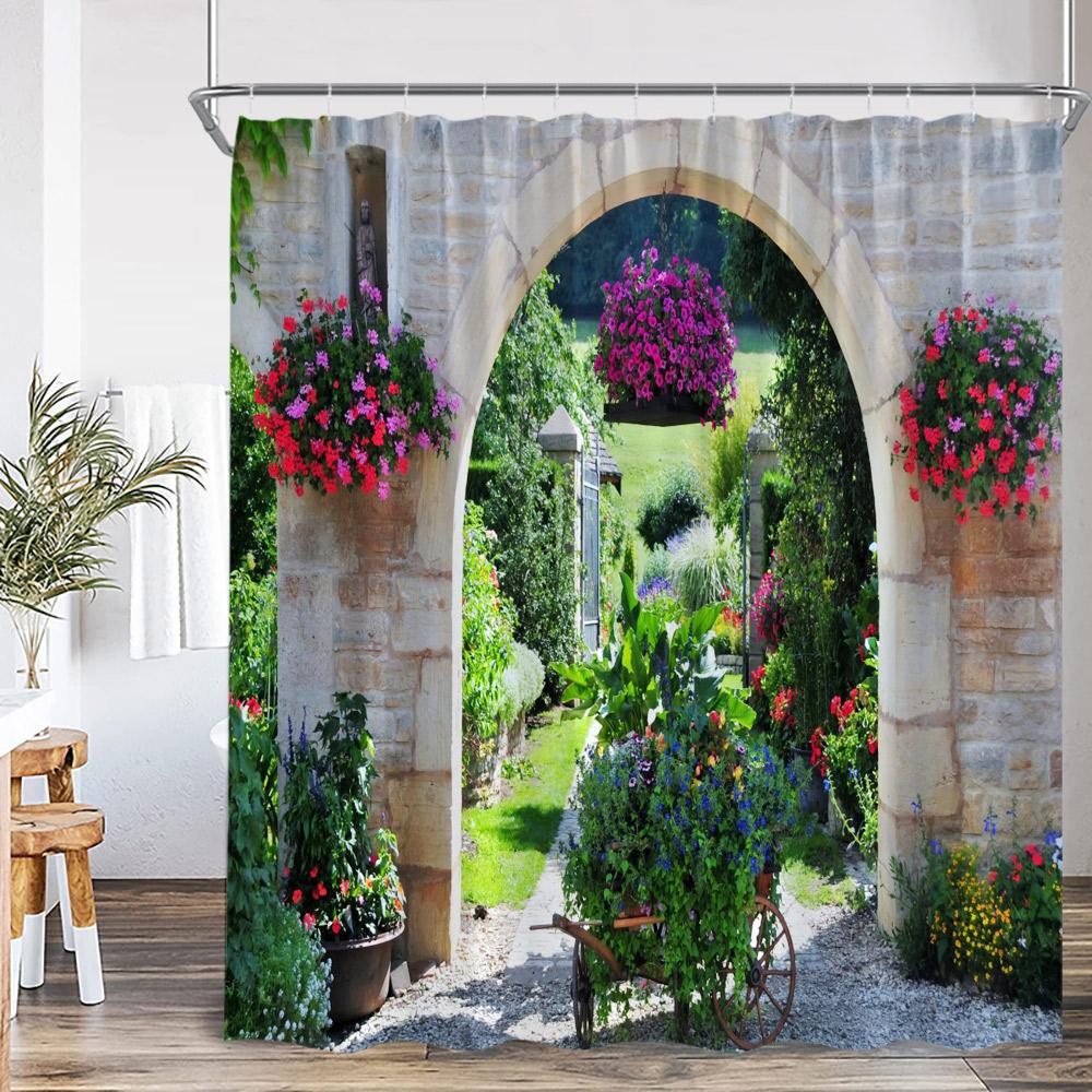 Green Vines Brick Wall Shower Curtain Pink Flowers European Garden Arch Door Bathroom Decorations Vintage Bath Curtain with Hook