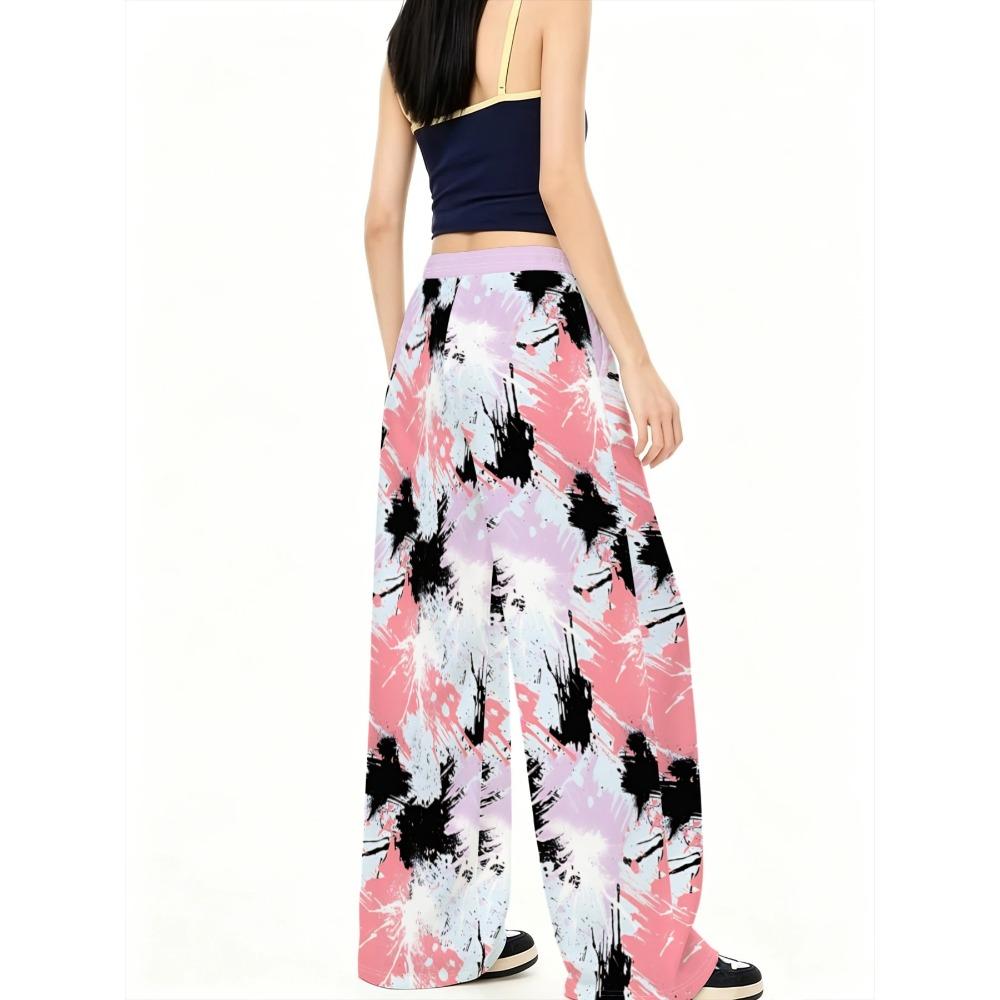 Women's High Waist Drawstring Pink Purple White Colour Black Ink Dot Splash Printing Wide Leg Sweatpants