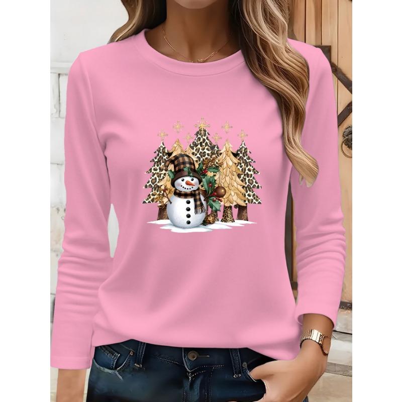 Christmas women's round neck long sleeves - Christmas snowman leopard print Christmas tree print, loose fit, machine washable