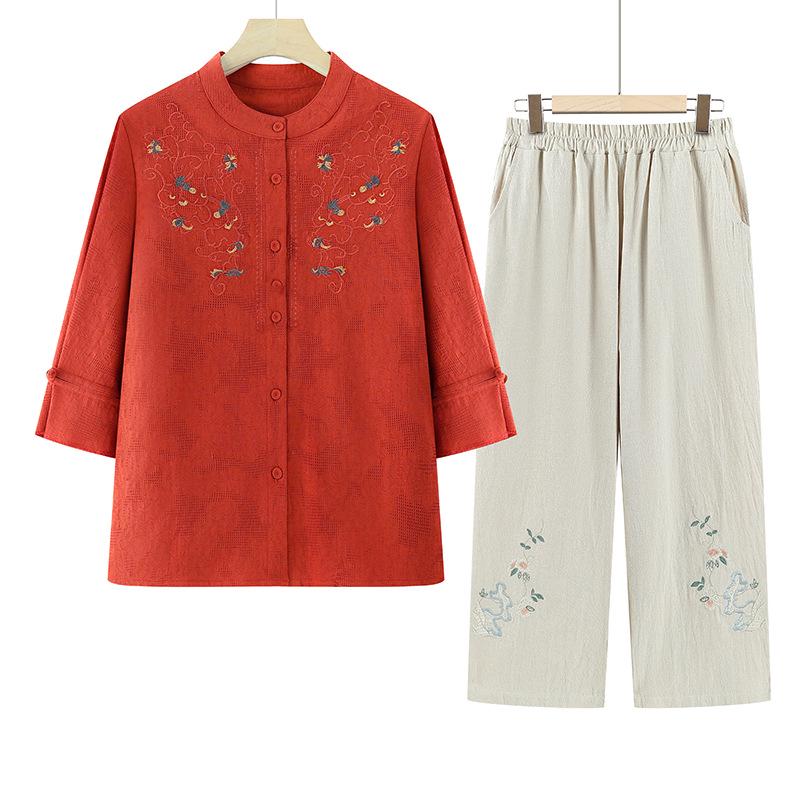 Grandma Summer 2026 Embroidered Cotton Linen Set: Women s Shirt & Cardigan 4XL (Recommended 65-70 kg)