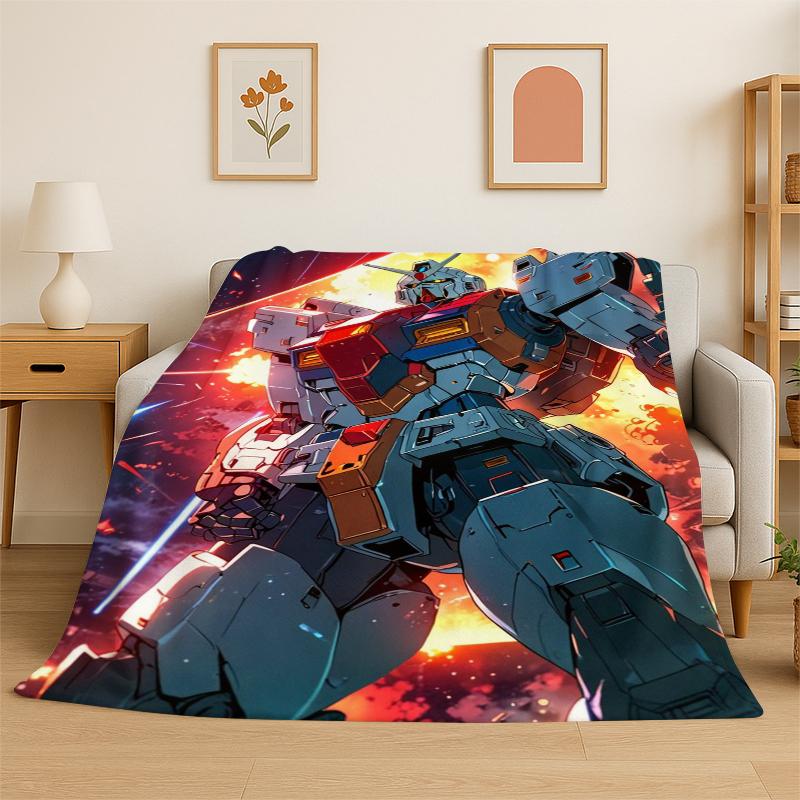 Classic Gundam Cartoon Robot Flannel Blanket Soft Warm Throw Blanket for Bedroom Living Room Bed Travel Camping Picnic Kids