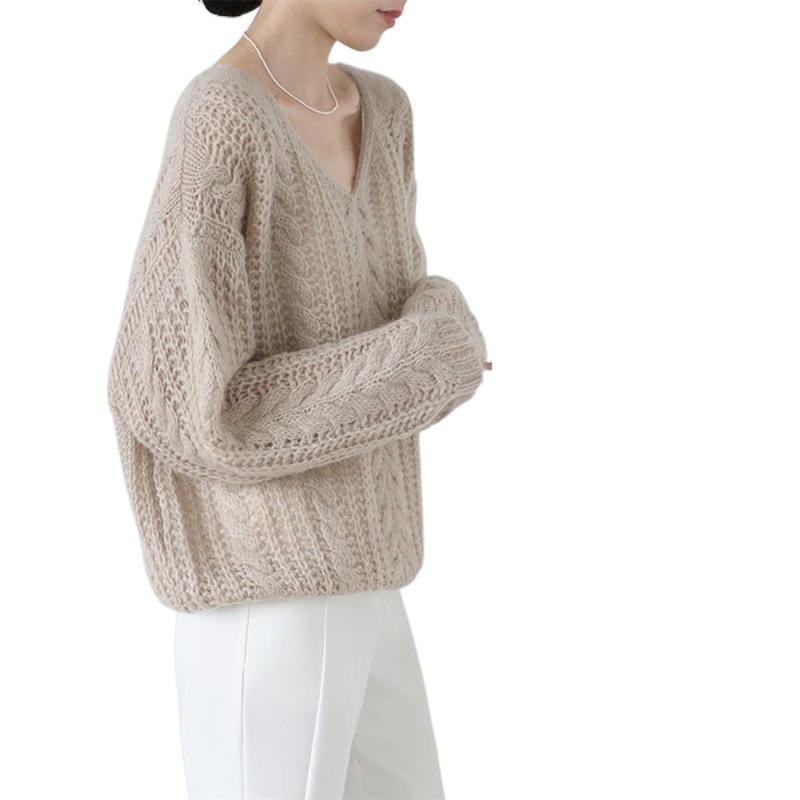 Women's French V-Neck Sweater: Early Spring to Winter Style, Hollow Knit, Fashionable Temperament Top